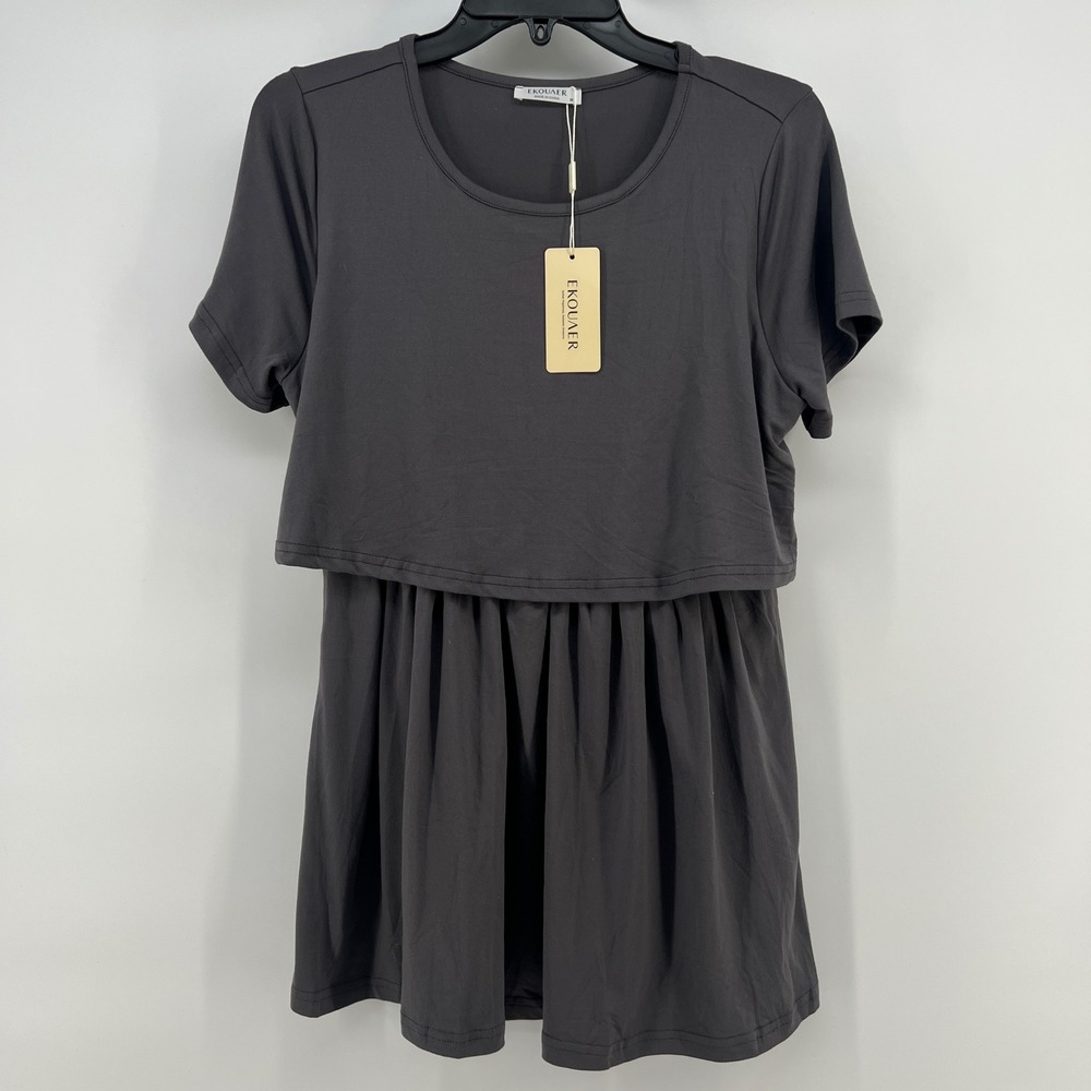 Ekouaer Womens Nursing Top Gray Short Sleeve Maternity Shirt Breastfeeding M NWT
